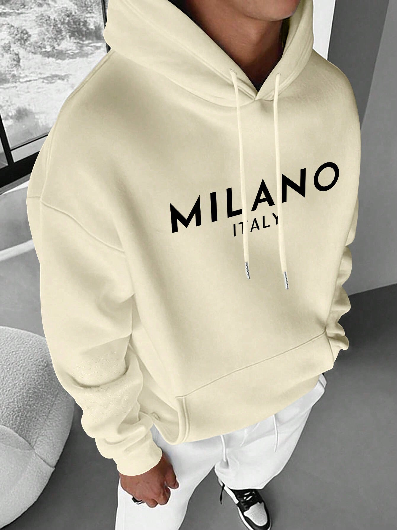 Men's Creative Print Italian Style Casual Pullover Hoodie Sweatshirt With Thermal Lined, Letter Graphic Design, Versatile For Sports And Commute