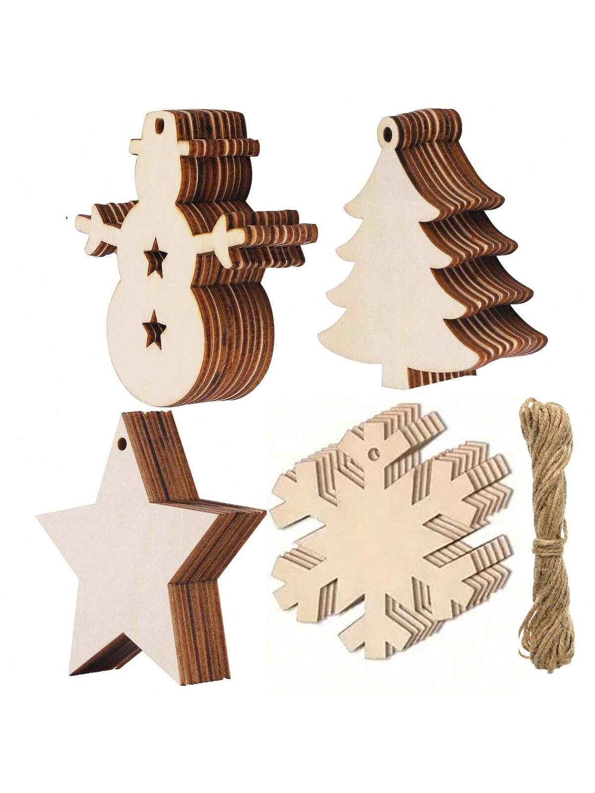 30pcs Blank Wooden Christmas Decor Ornaments, Christmas Tree, Snowman, Star Shapes, With 10m Jute Rope, 2mm Thick, DIY Arts