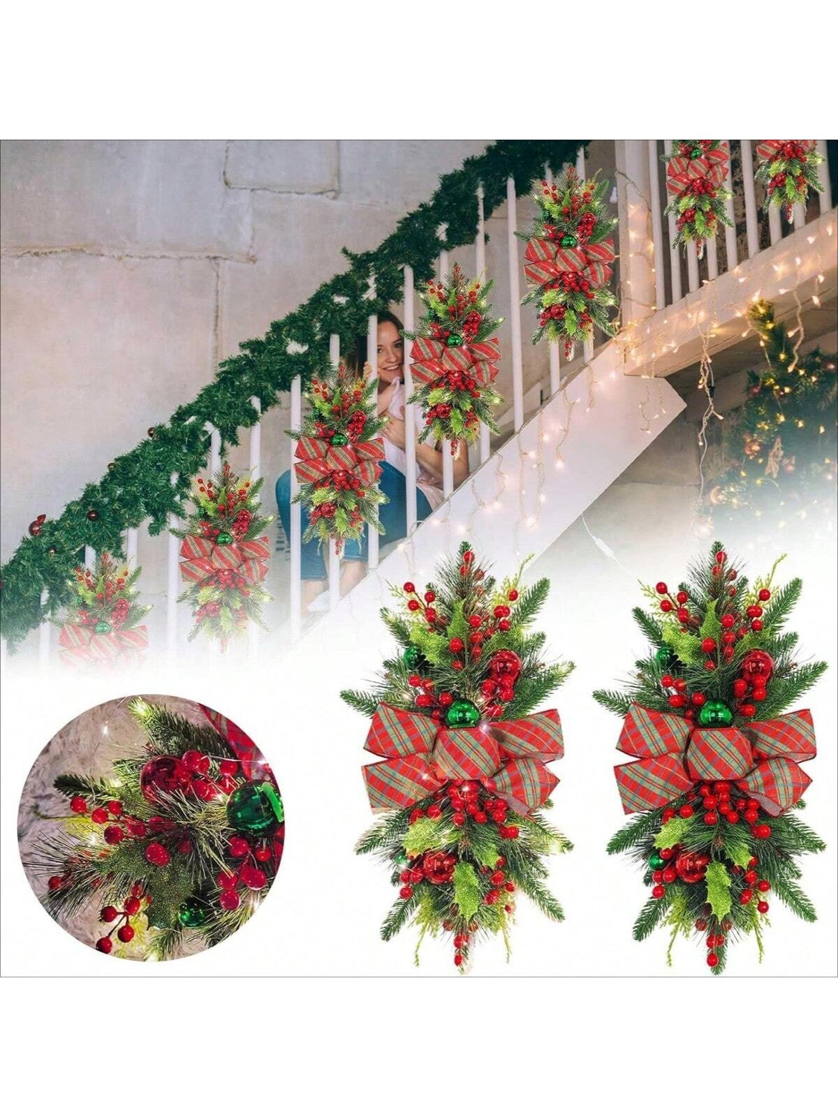 1PC Christmas Artificial Swags Xmas Wreath Stairway Swag Teardrop Trim Wreath Door Porch Decor Stair Swag Garland Christmas Swags For Home Party Decor, Halloween, Halloween Decoration