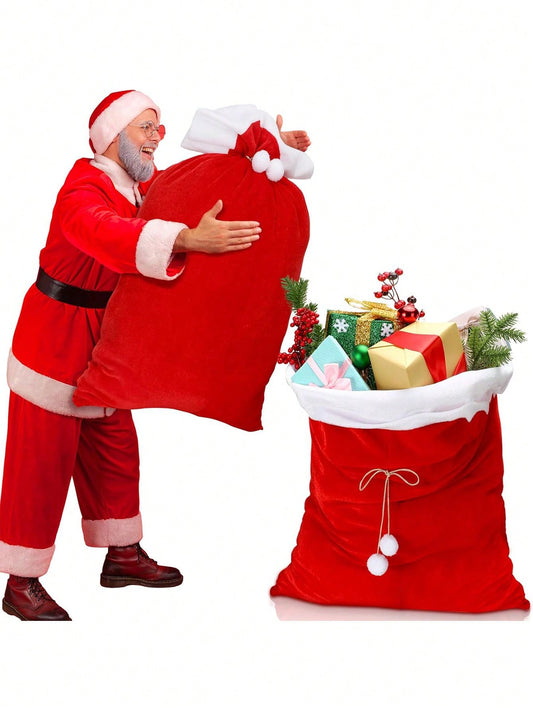 1pc-Christmas Red Velvet Santa Claus Bags With Drawstring Cord, Red Santa Giant Gift Bag Extra Large Santa's Present Sack For Xmas Present Toys, Storage Bags Holiday Party Supply, 19.7 X 27.6 Inches,Christmas