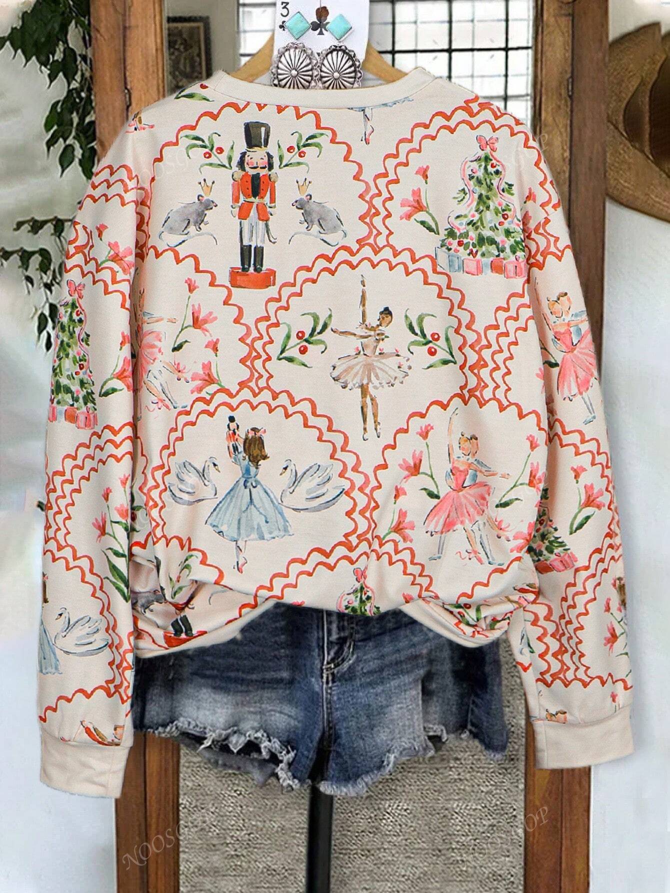 Christmas Nutcracker Random Print Women's Oversized Spring And Autumn Fashion Casual Christmas Long Sleeve Sweatshirt