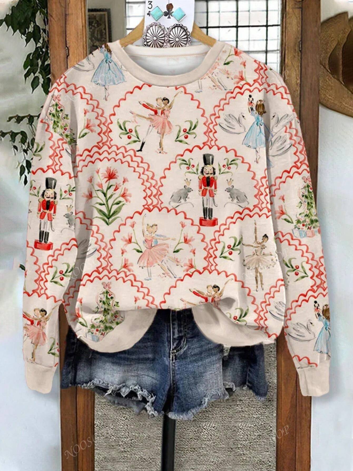 Christmas Nutcracker Random Print Women's Oversized Spring And Autumn Fashion Casual Christmas Long Sleeve Sweatshirt