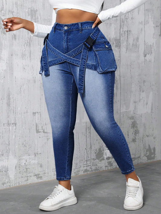 SXY Plus Size Mid Waist Elastic Denim Skinny Jeans With 3D Pockets