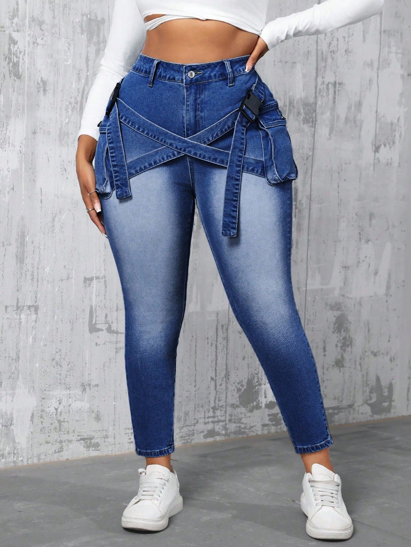 SXY Plus Size Mid Waist Elastic Denim Skinny Jeans With 3D Pockets