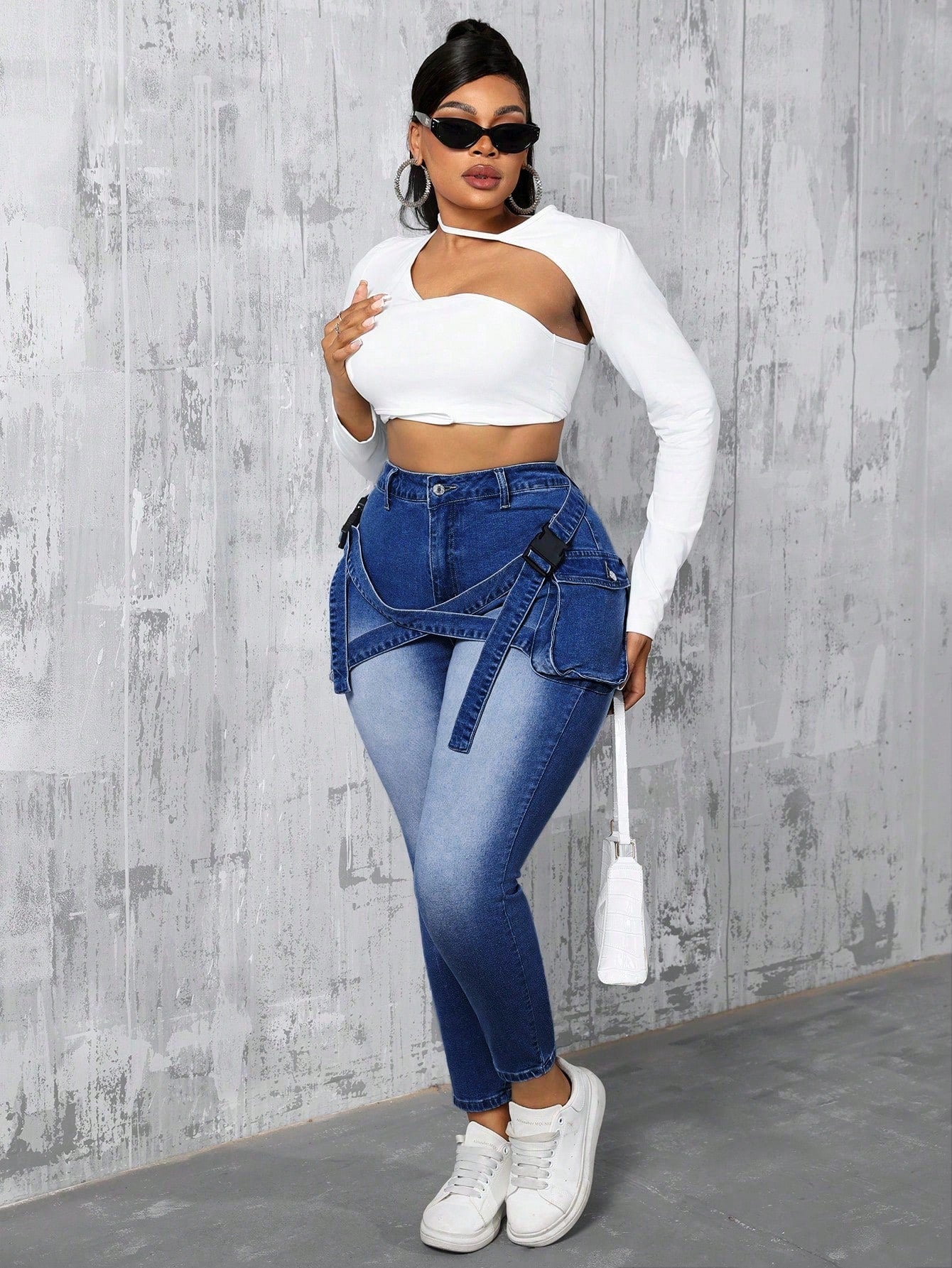 SXY Plus Size Mid Waist Elastic Denim Skinny Jeans With 3D Pockets