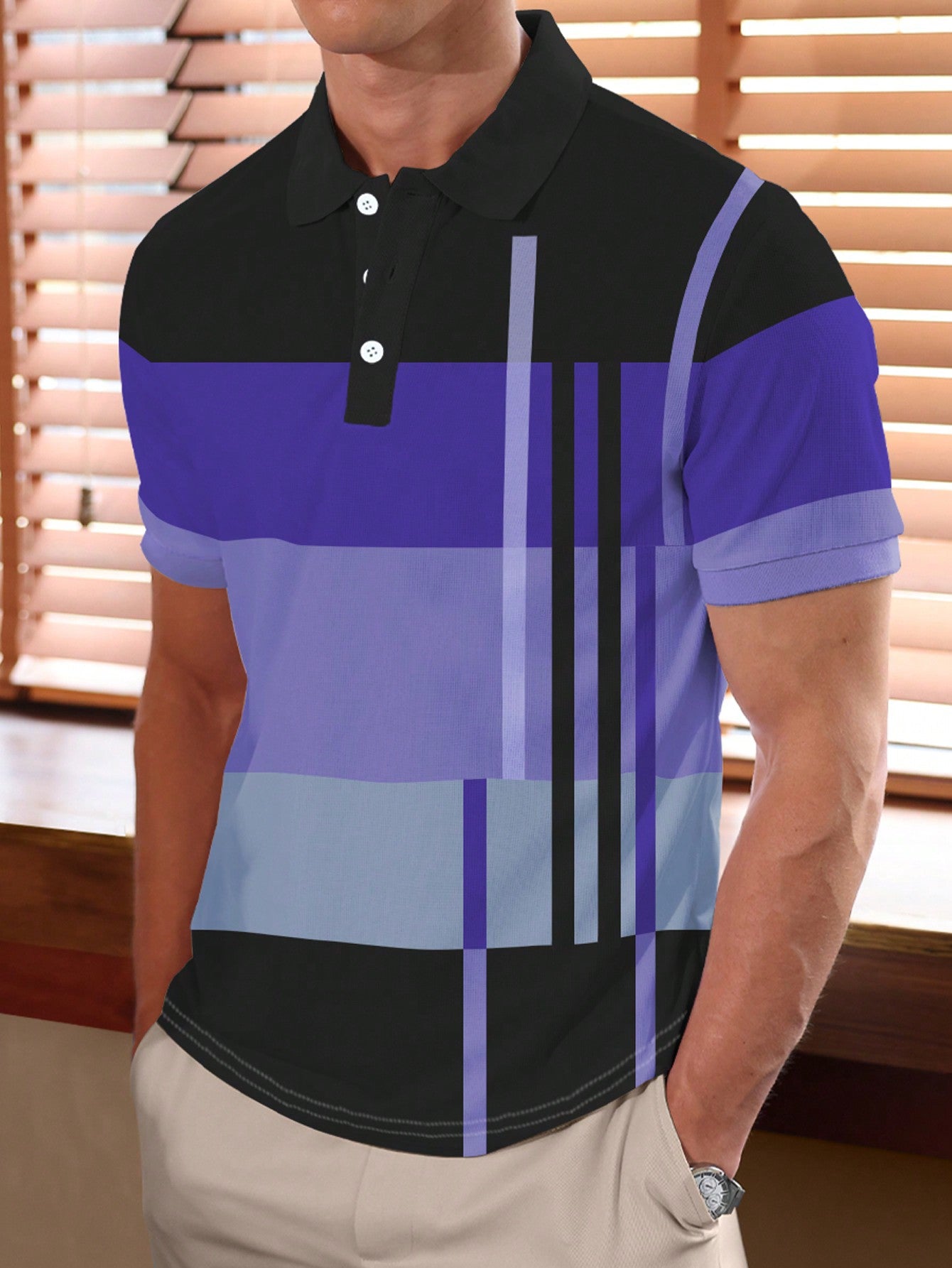 Manfinity Homme Men Work Casual Striped Print Colorblock Button Polo Shirt, Boyfriend Gift