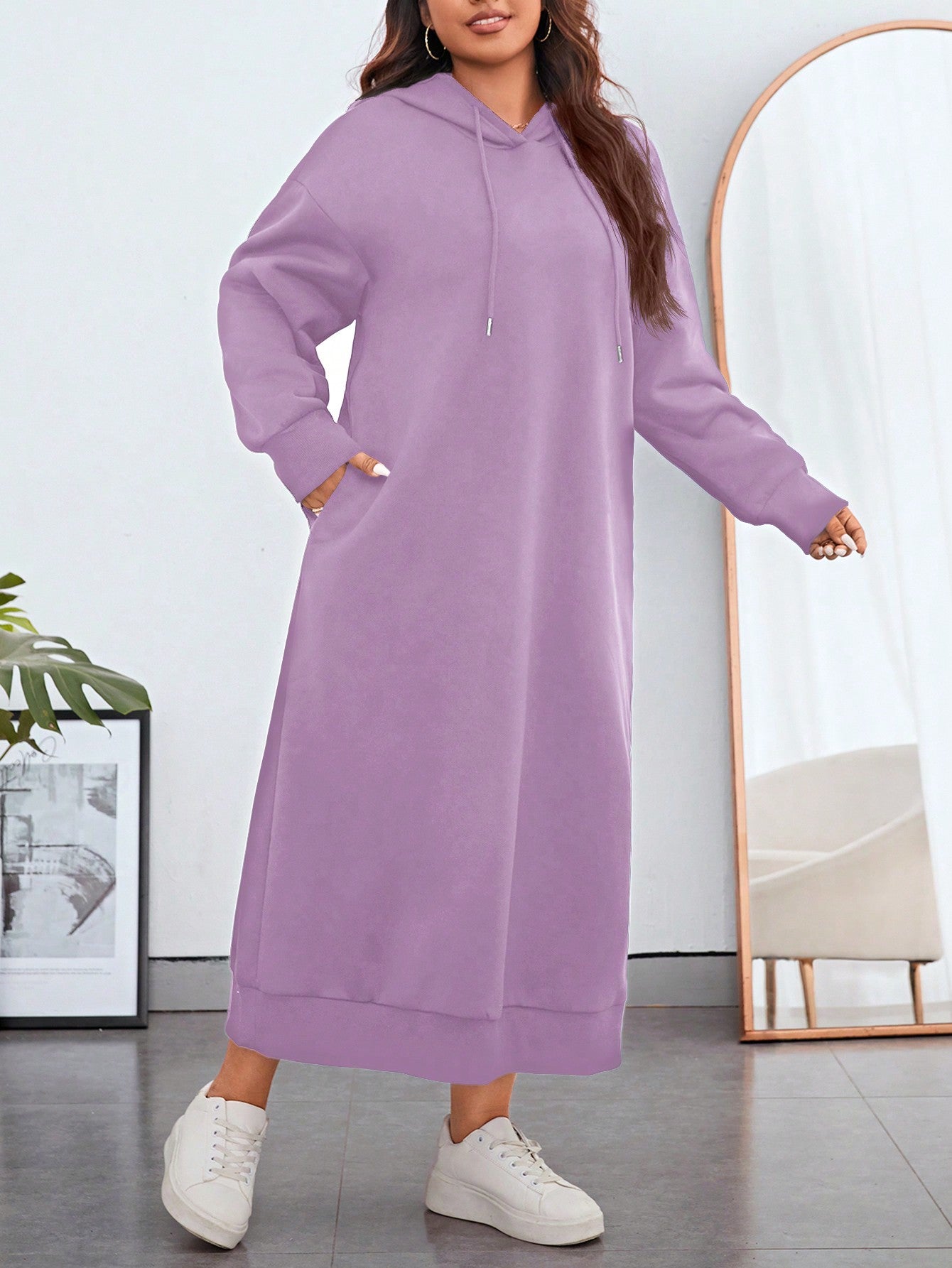 Essnce Plus Size Women Drop Shoulder Solid Color Long Sleeve Kangaroo Pocket Drawstring Hooded Long Casual Sweatshirt Dress, Autumn