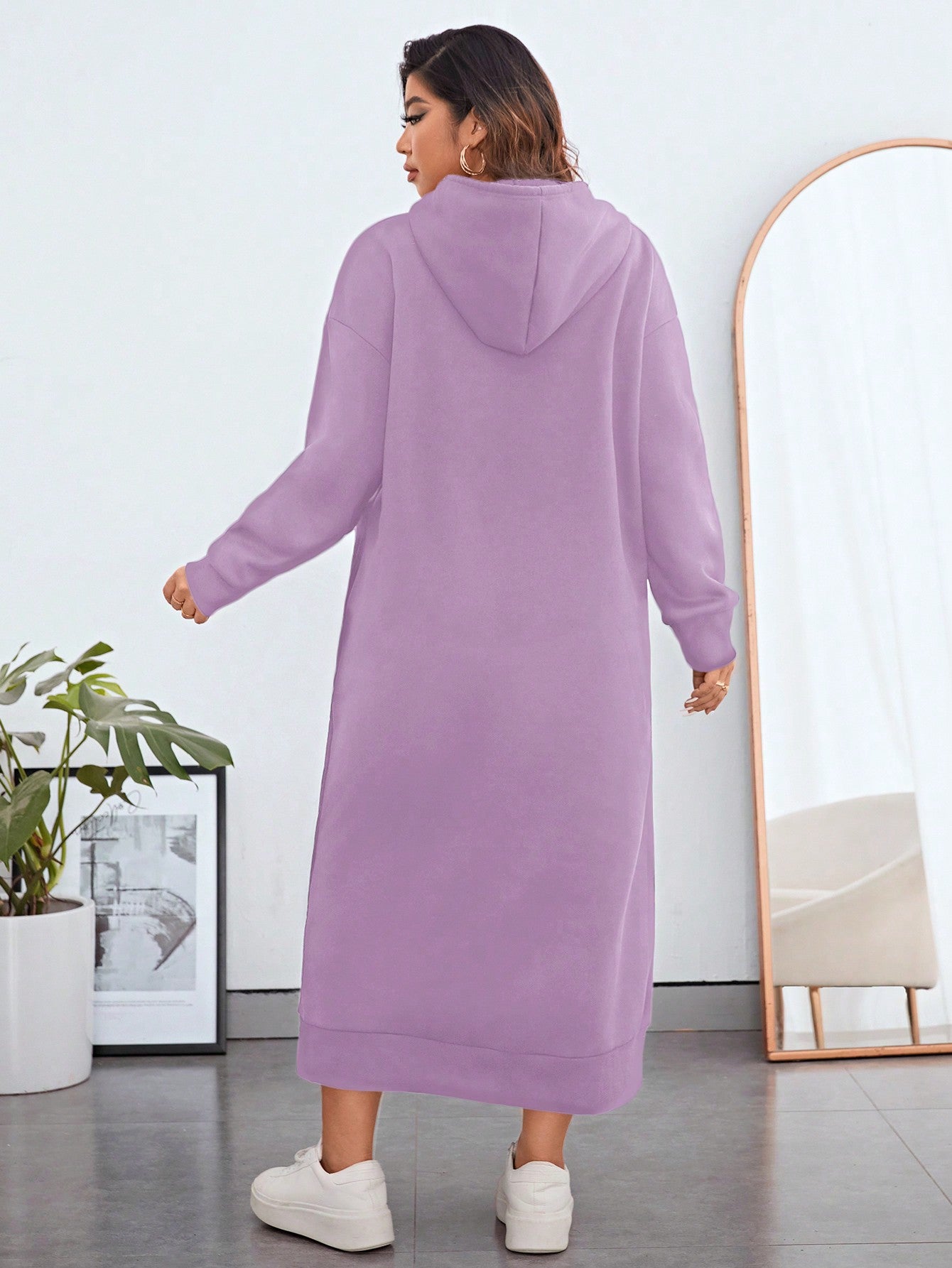 Essnce Plus Size Women Drop Shoulder Solid Color Long Sleeve Kangaroo Pocket Drawstring Hooded Long Casual Sweatshirt Dress, Autumn