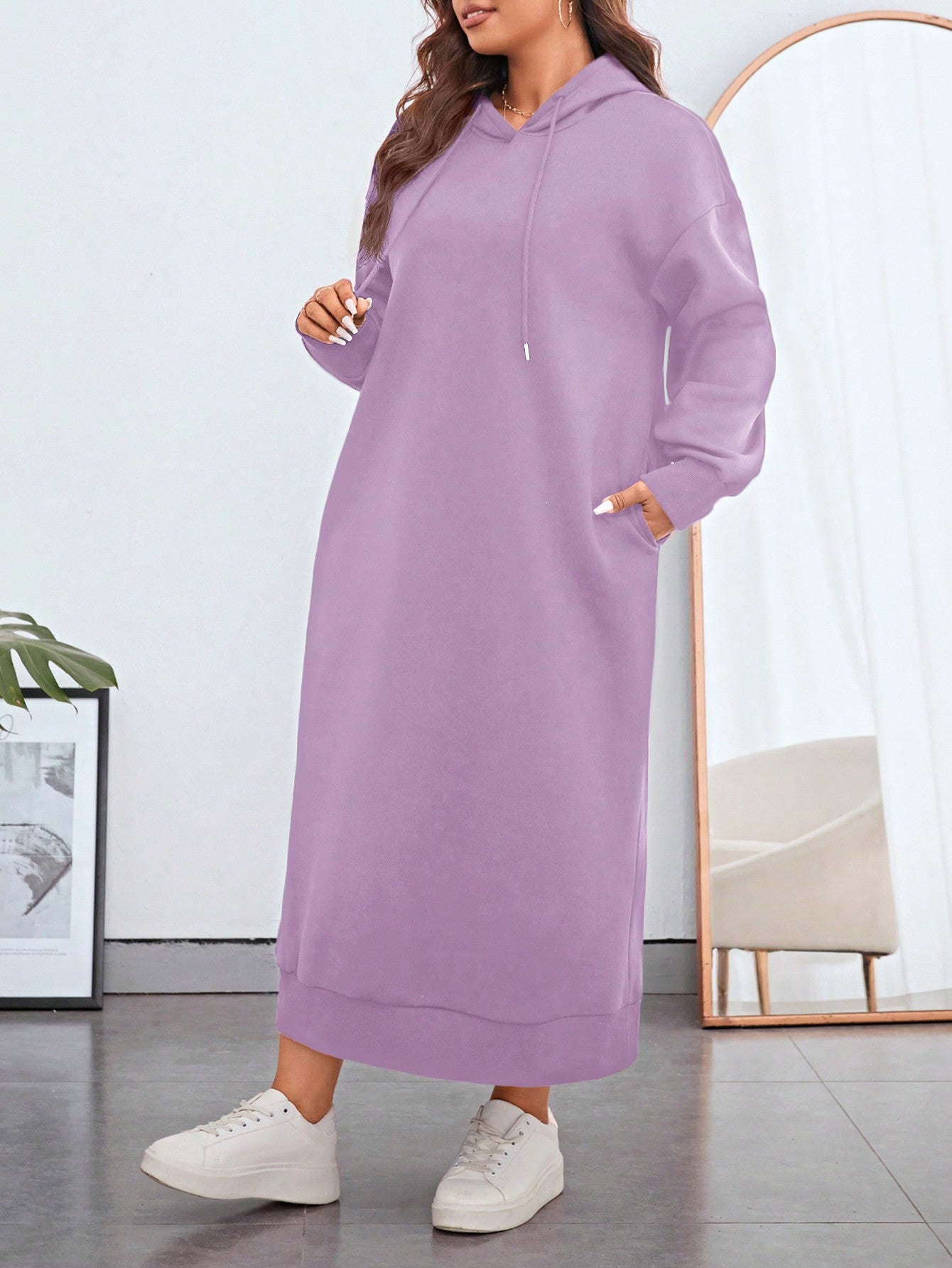 Essnce Plus Size Women Drop Shoulder Solid Color Long Sleeve Kangaroo Pocket Drawstring Hooded Long Casual Sweatshirt Dress, Autumn