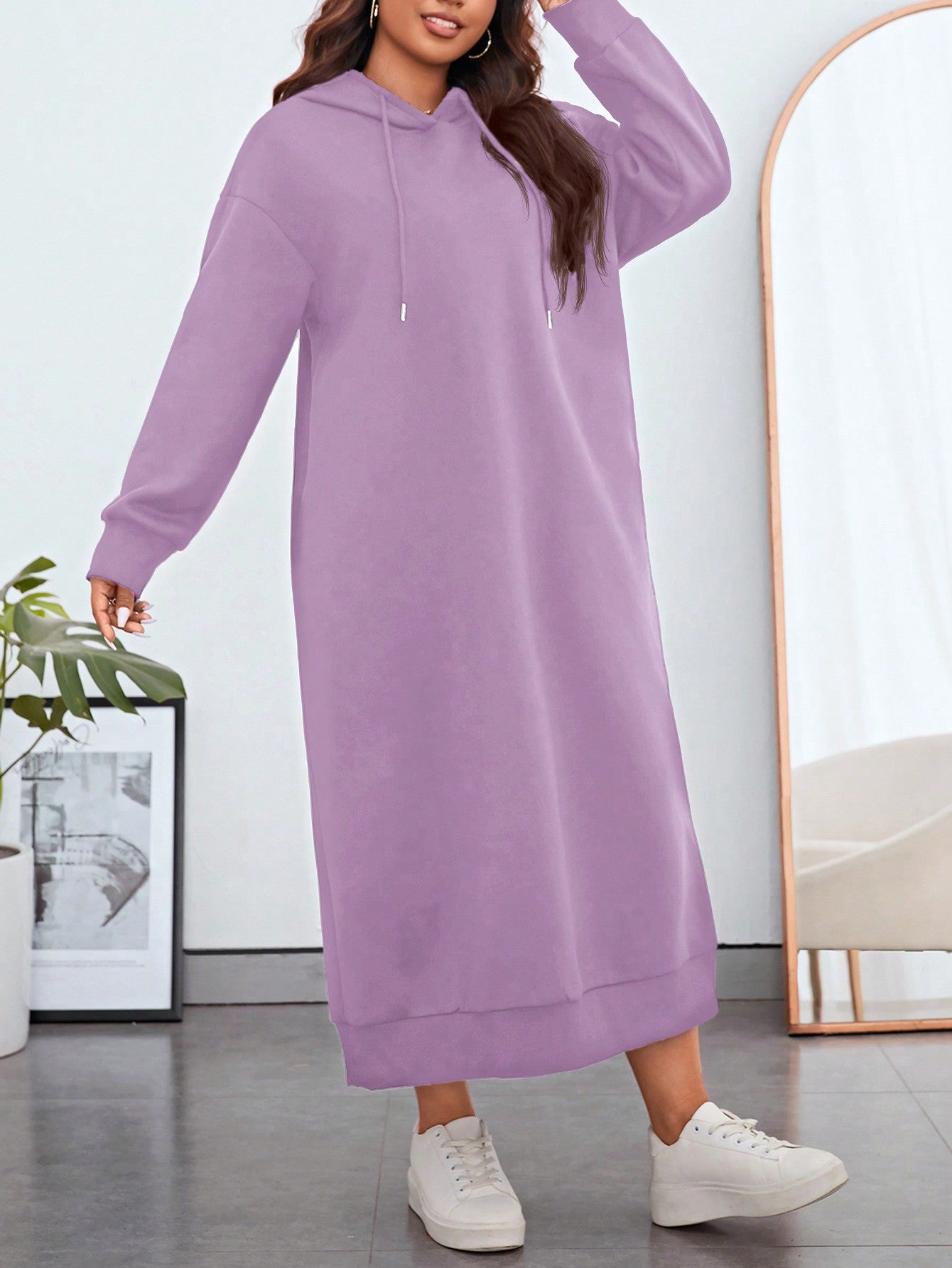 Essnce Plus Size Women Drop Shoulder Solid Color Long Sleeve Kangaroo Pocket Drawstring Hooded Long Casual Sweatshirt Dress, Autumn