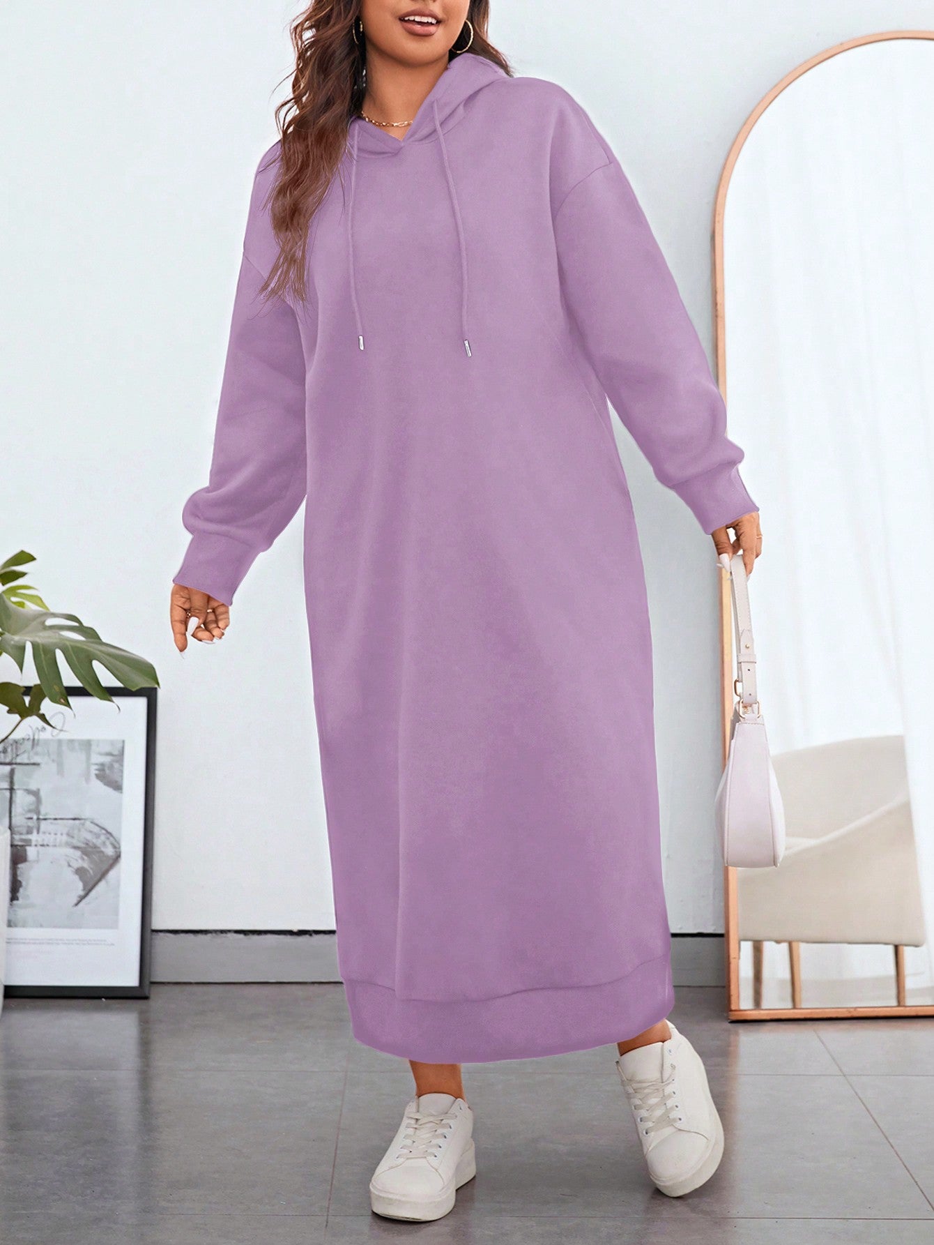 Essnce Plus Size Women Drop Shoulder Solid Color Long Sleeve Kangaroo Pocket Drawstring Hooded Long Casual Sweatshirt Dress, Autumn