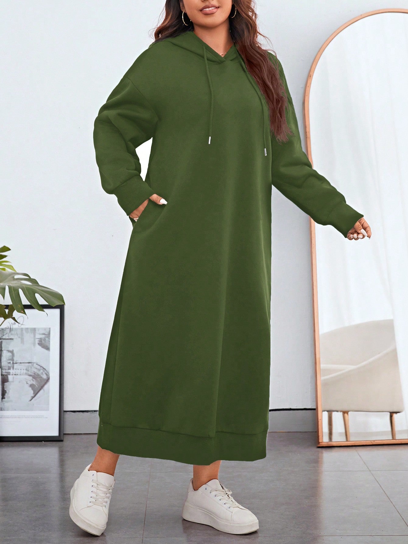 Essnce Plus Size Women Drop Shoulder Solid Color Long Sleeve Kangaroo Pocket Drawstring Hooded Long Casual Sweatshirt Dress, Autumn