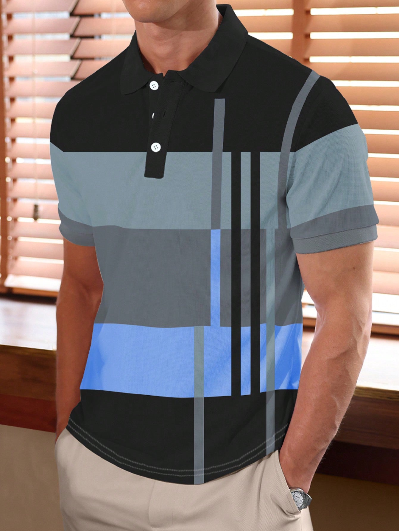 Manfinity Homme Men Work Casual Striped Print Colorblock Button Polo Shirt, Boyfriend Gift