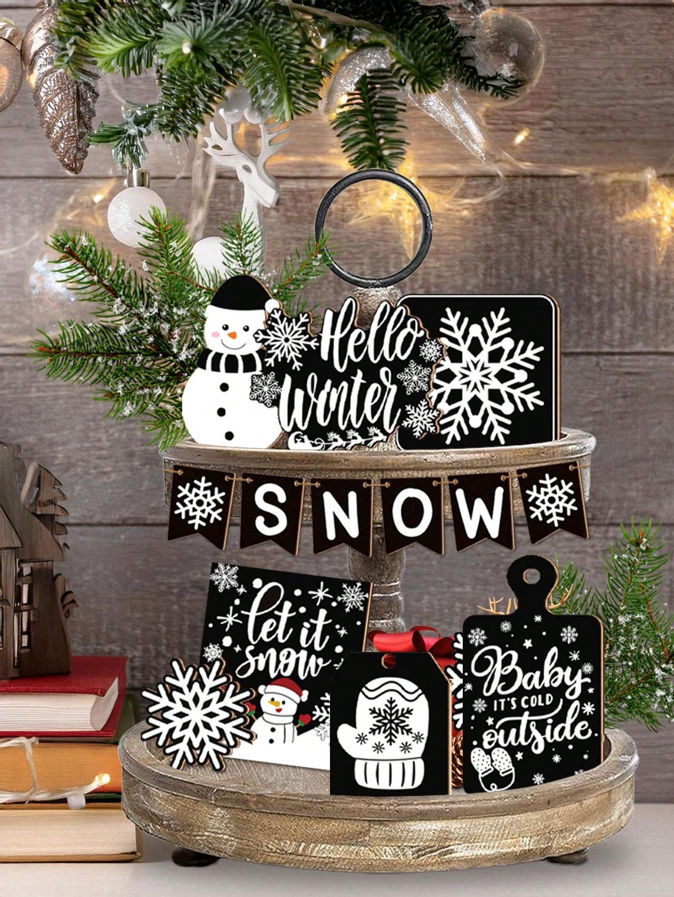 14Pcs/Set Christmas Snowmen Decoration For Tiered Tray Christmas Table Sign Decor ,Hello Winter Tabletop Wooden Christmas Snow Indoor Winter Farmhouse Home Xmas Party House Shelf Decorations,Christmas