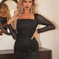 Women's Black Long Sleeve Bodycon Square Neck Mini Dress Sexy Sparkly Ruched Mesh Party Going Out Dresses, Elegant Cocktail Semi Formal Prom Dress, For Birthday, Wedding Guest, Graduation, Dinner, Homecoming