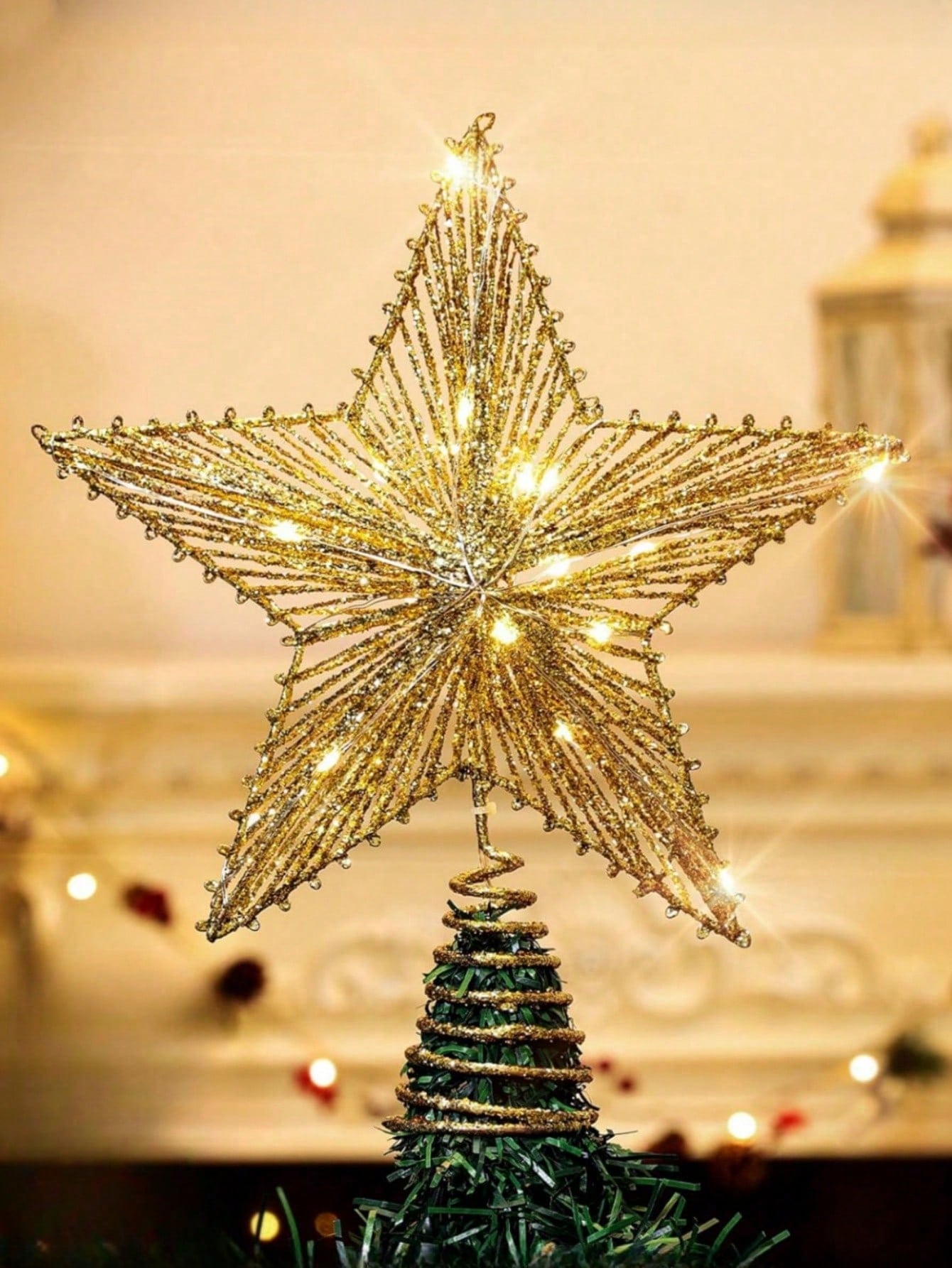 1PC Star Tree Toppers Christmas Decorations, Lighted Rustic Rattan Star With Battery Operated Copper Wire Lights For Christmas Tree Decorations