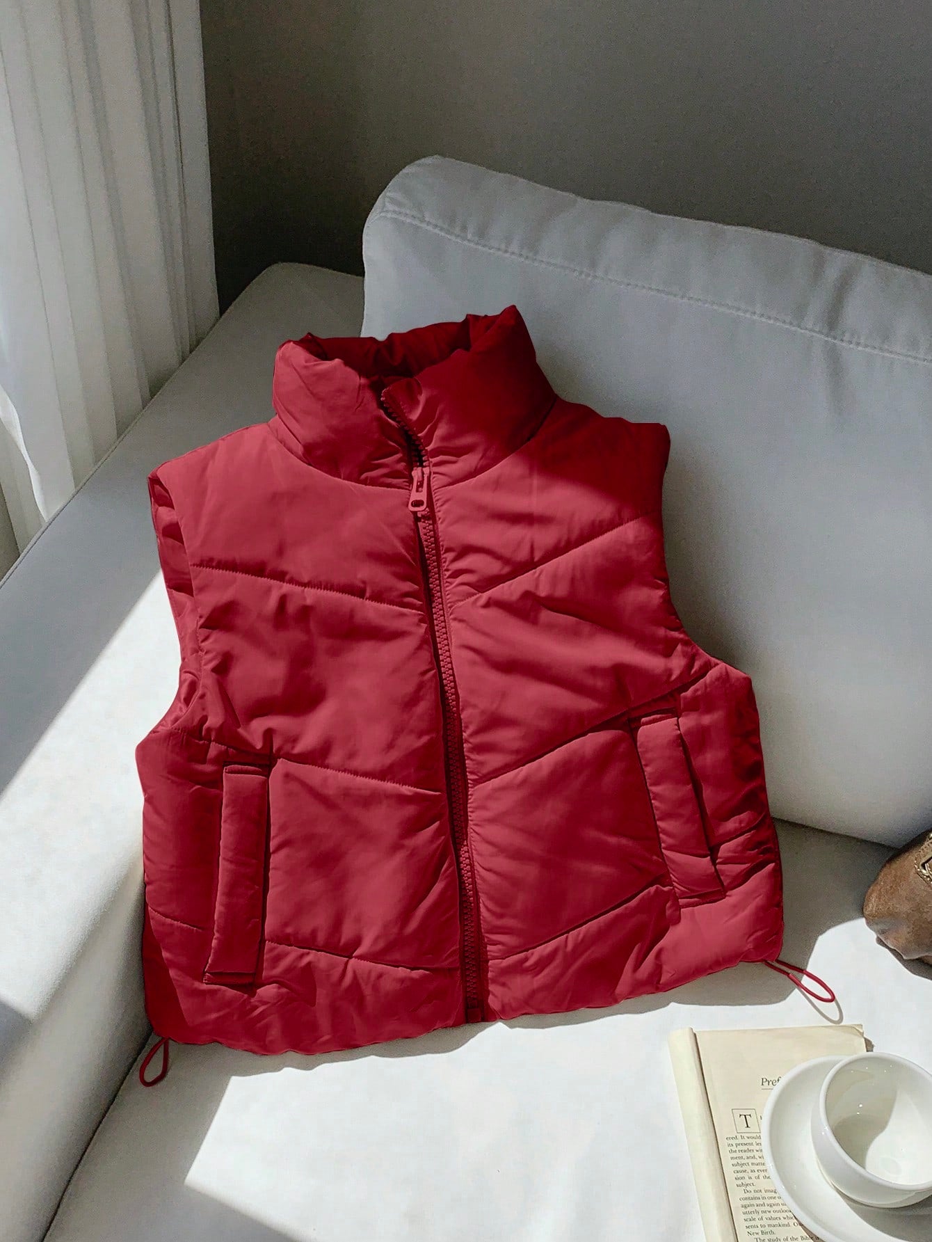 Comfortcana Winter Zip Up Double Face Snap Button Corduroy Drawstring Puffer Vest Coat