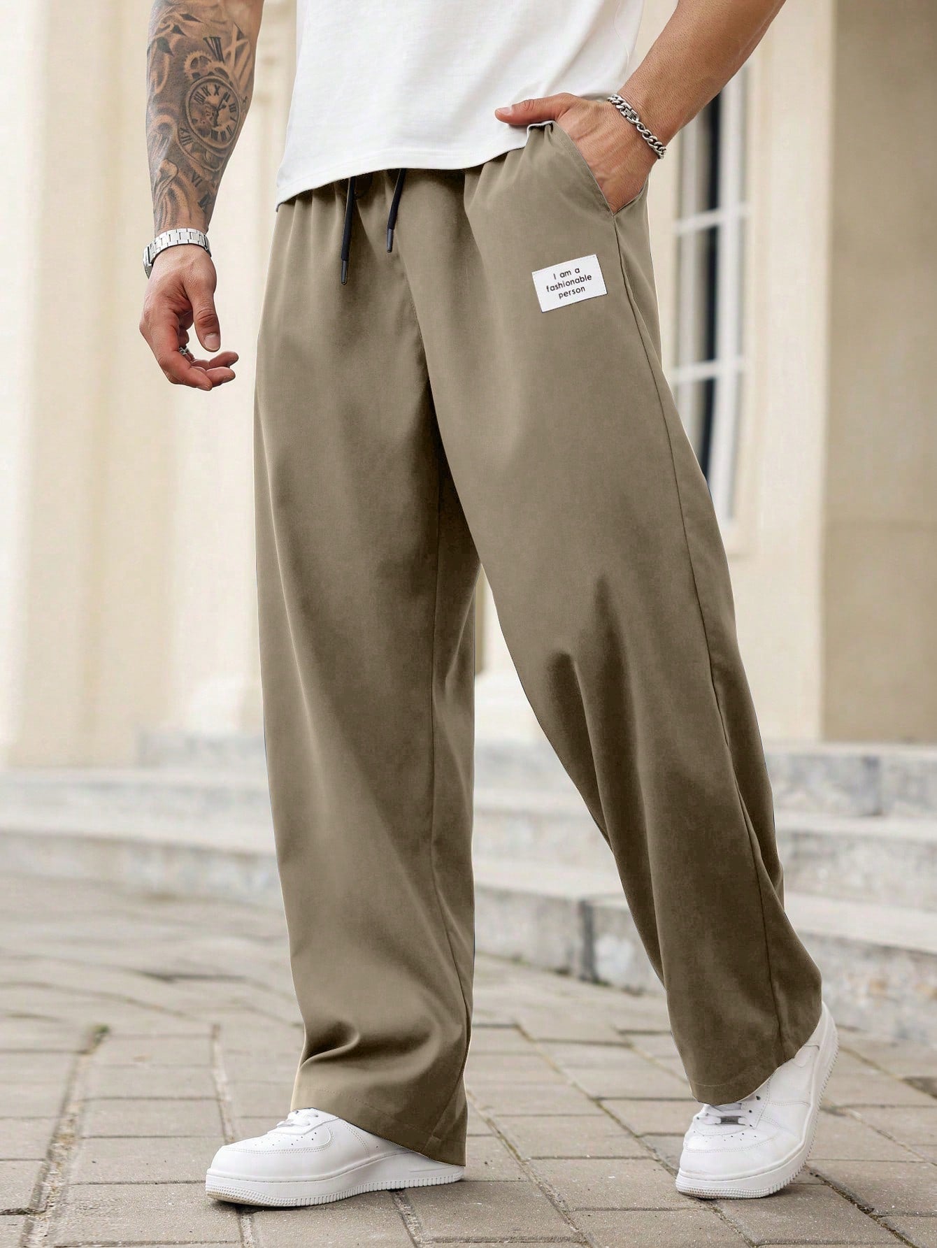 Manfinity Homme Plus Size Men's Casual Pants With Front Tie And Pockets, Everyday Wear