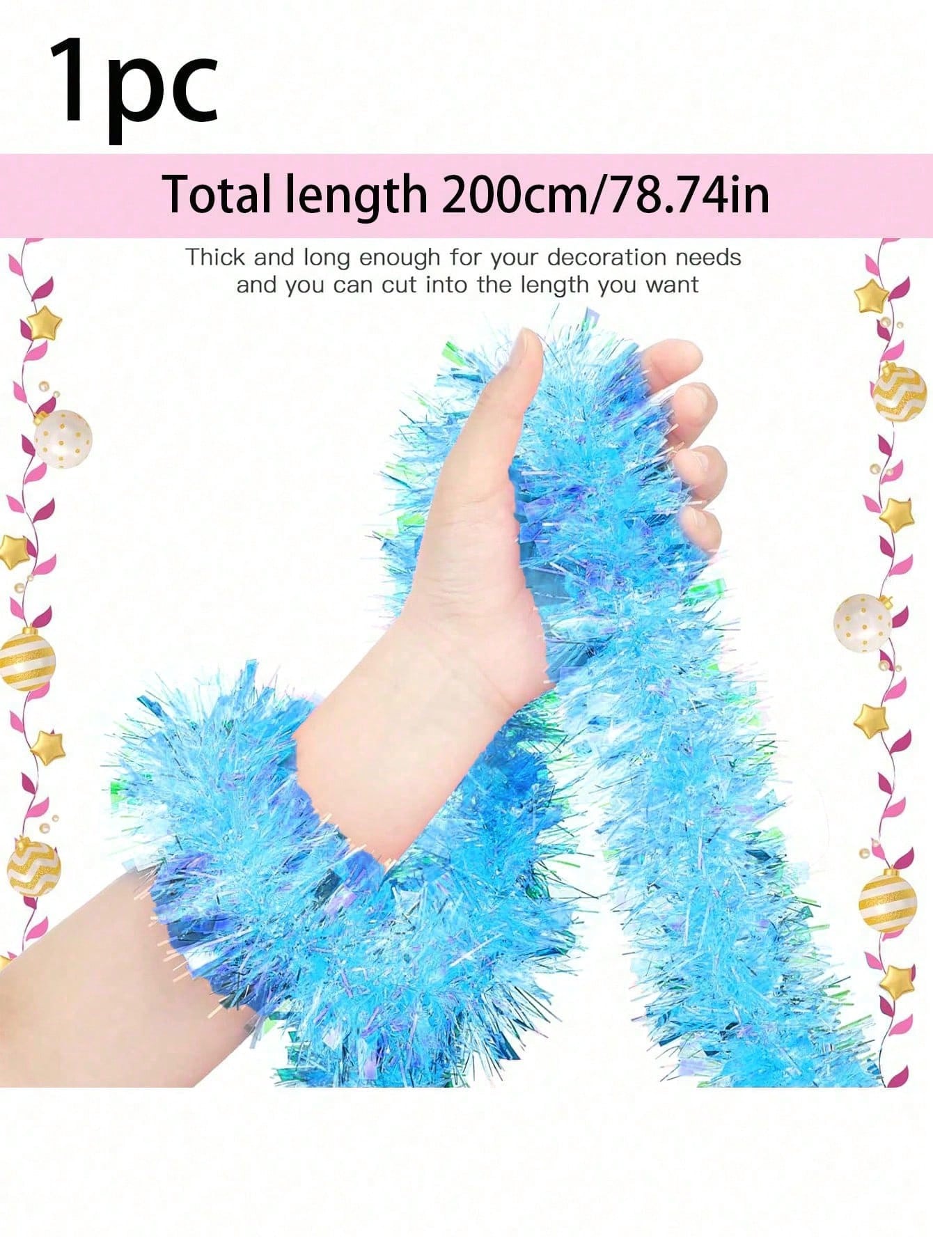 1pc-78.74inches Blue Christmas Tinsel Garland Artificial Christmas Garland Xmas Metallic Twist Hanging Garland Fireplace Mantel Wreath Decor For Staircase Railing Indoor Outdoor Ornaments,Christmas