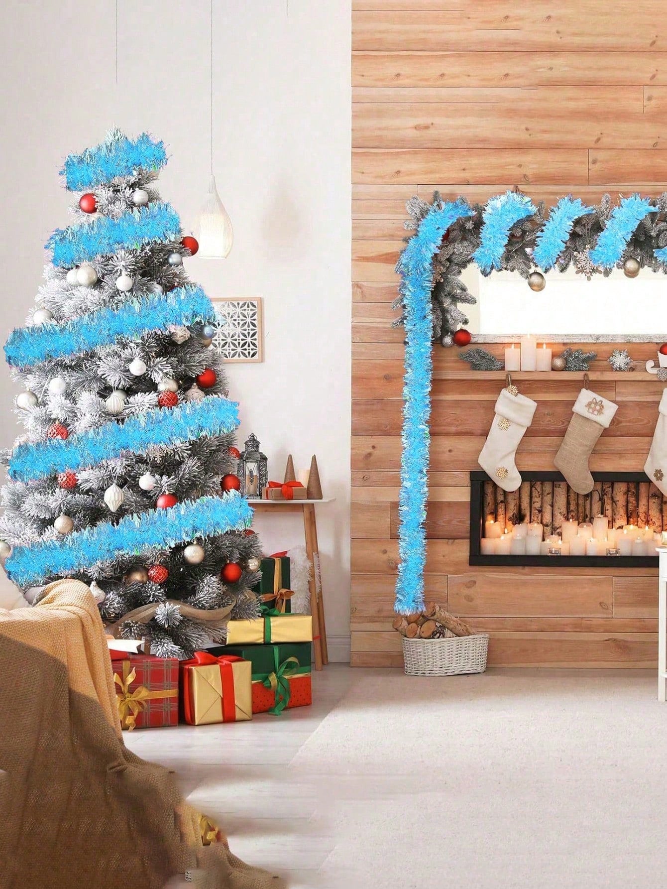 1pc-78.74inches Blue Christmas Tinsel Garland Artificial Christmas Garland Xmas Metallic Twist Hanging Garland Fireplace Mantel Wreath Decor For Staircase Railing Indoor Outdoor Ornaments,Christmas