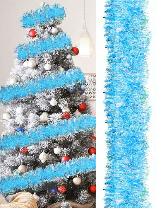 1pc-78.74inches Blue Christmas Tinsel Garland Artificial Christmas Garland Xmas Metallic Twist Hanging Garland Fireplace Mantel Wreath Decor For Staircase Railing Indoor Outdoor Ornaments,Christmas