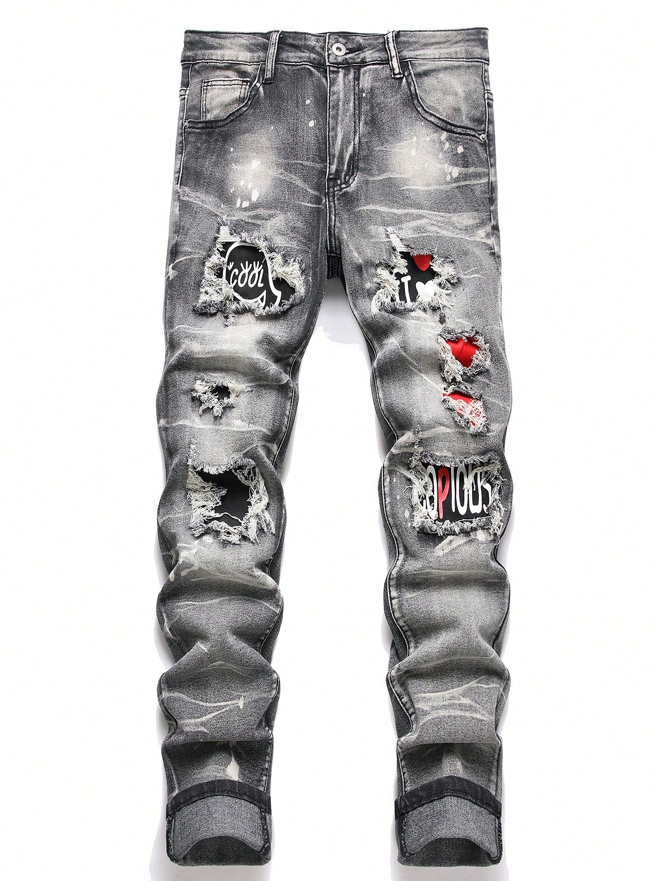 Manfinity LEGND Men Splash Ink Print Ripped Frayed Rag Stitching Jeans