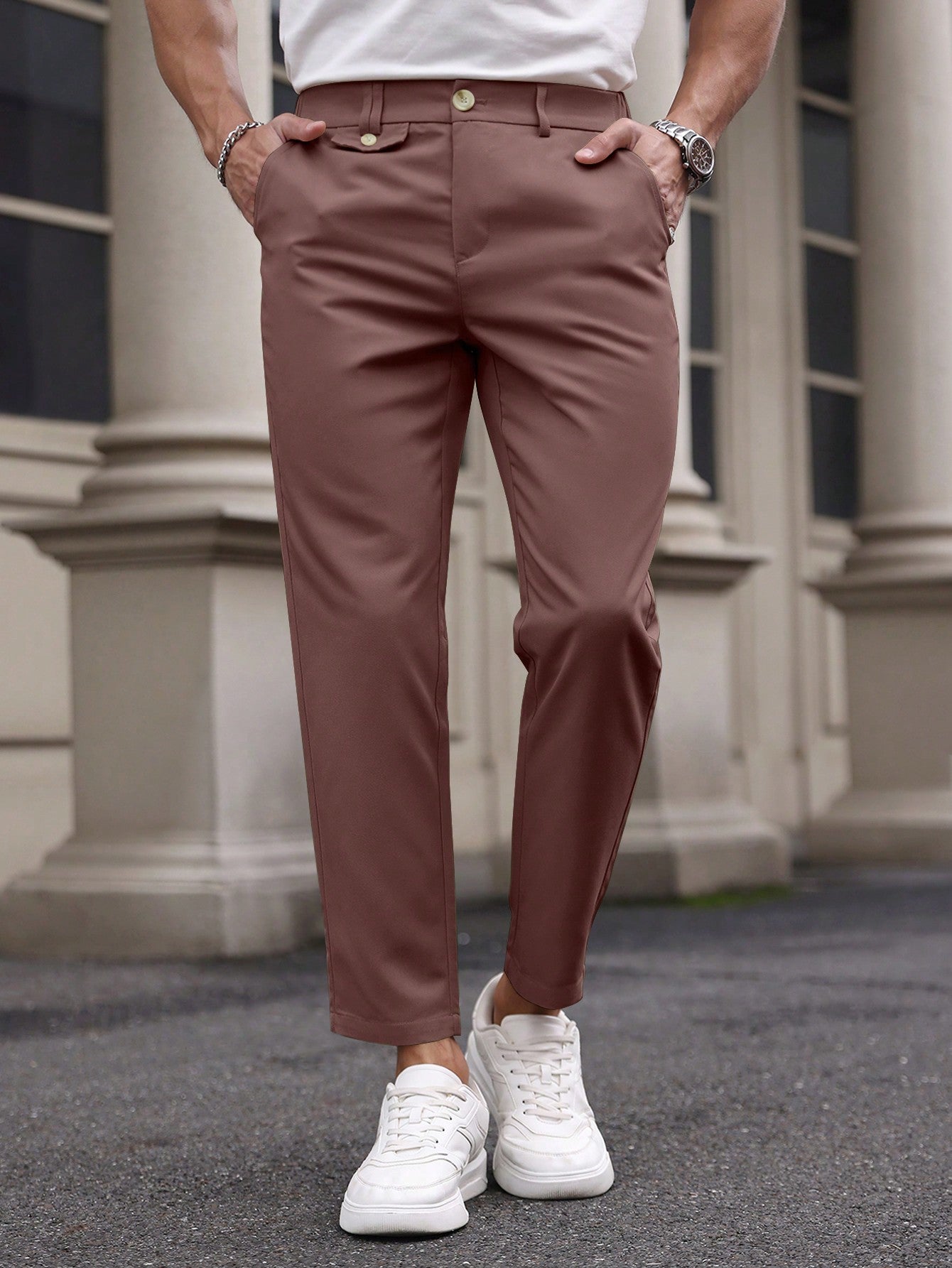 Manfinity Bizformal Men's Solid Color Woven Straight Leg Business Casual Pants With Pockets