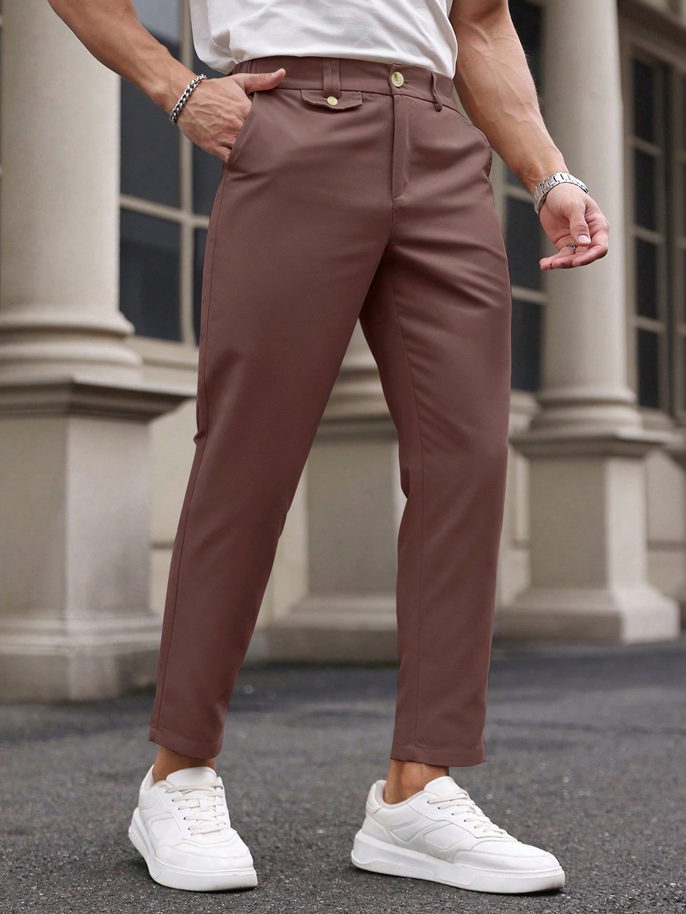 Manfinity Bizformal Men's Solid Color Woven Straight Leg Business Casual Pants With Pockets