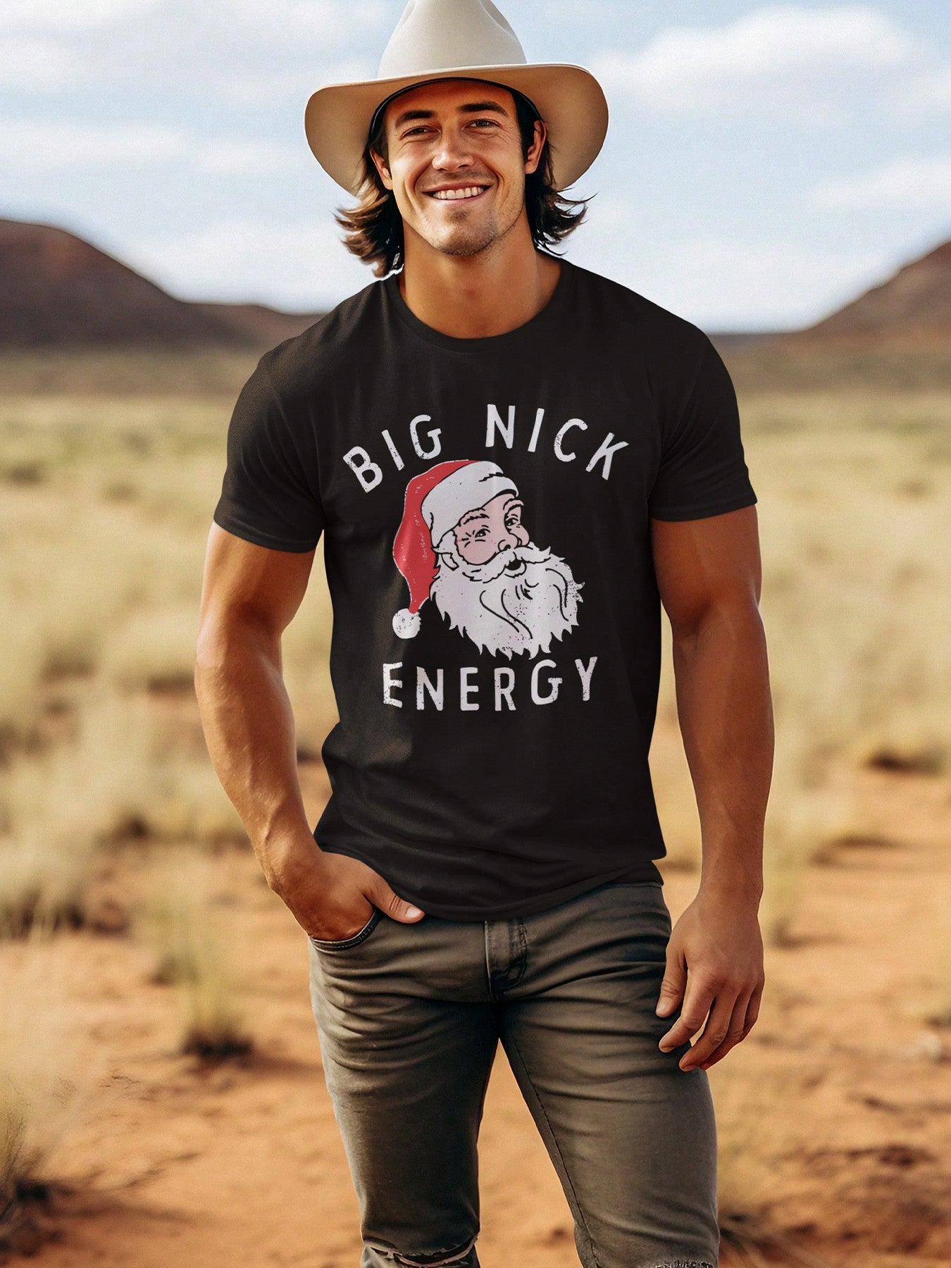 "BIg Nick Energy" Christmas Cartoon Santa Claus Print Men's Cotton Short-Sleeved T-Shirt 190gsm