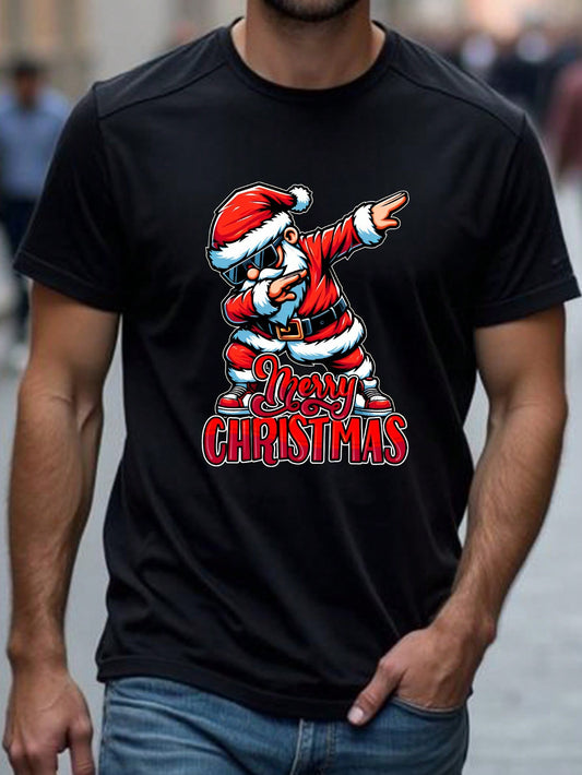 Christmas Casual Cartoon Santa Pose Letter Graphic Tee Shirt, Fashion Basic Short Sleeve T-Shirt For Men, Suitable For Christmas Party