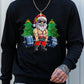 Christmas Casual Santa Lifting Weights In Forest Cartoon Graphic Fleece Crew Neck Sweatshirt For Men, Suitable For Christmas Party, Autumn/Winter