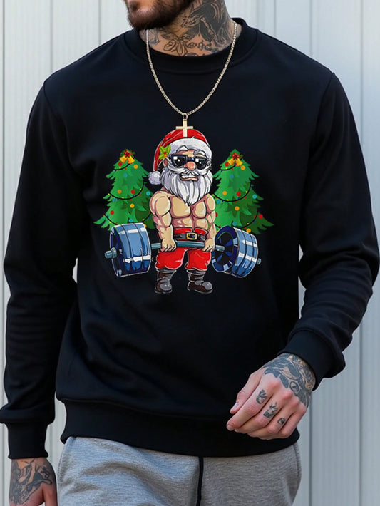 Christmas Casual Santa Lifting Weights In Forest Cartoon Graphic Fleece Crew Neck Sweatshirt For Men, Suitable For Christmas Party, Autumn/Winter