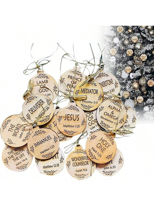 25pcs Assorted Jesus' Name Ornaments, 2024 Vintage Wooden Christmas Hanging Decorations With Savior's Names For Home, Christmas Tree, Car, Suitable For Christmas Decoration