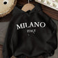 EZwear Casual Minimalist Milano Print Graphic White Hoodie Oversized Thermal Lined Warm Sweatshirt For Women, Suitable For Autumn/Winter