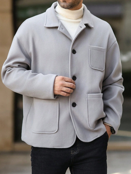 Manfinity Homme Men's Solid Color Front Button Pockets Casual Long Sleeve Jacket