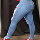 New Fashion Distressed Patch Decor Casual Skinny Stretch Jeans Pants, Slim Fit For Women