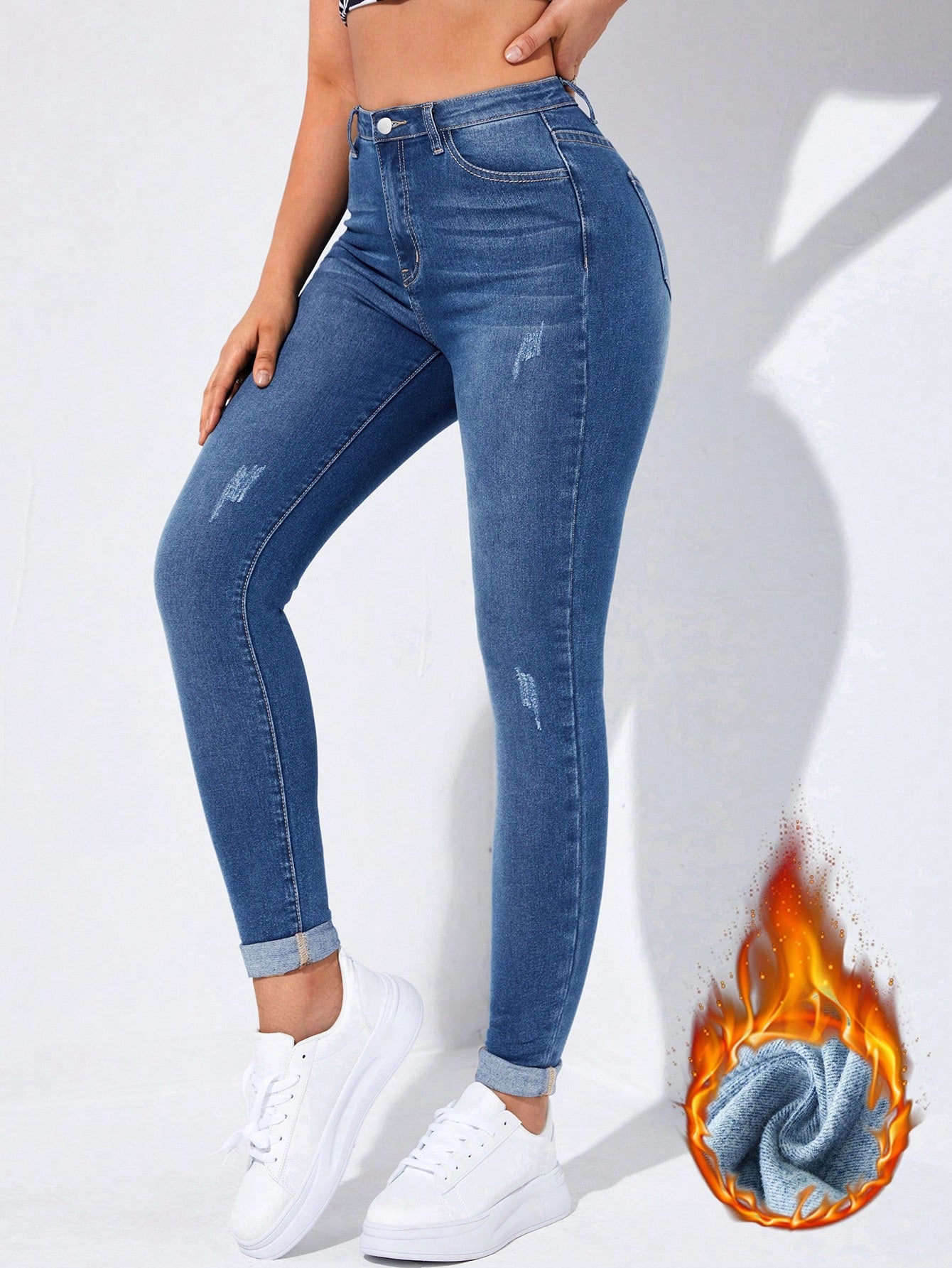 EZwear High-Waisted Button-Embellished Skinny Stretch Distressed Y2K Jeans