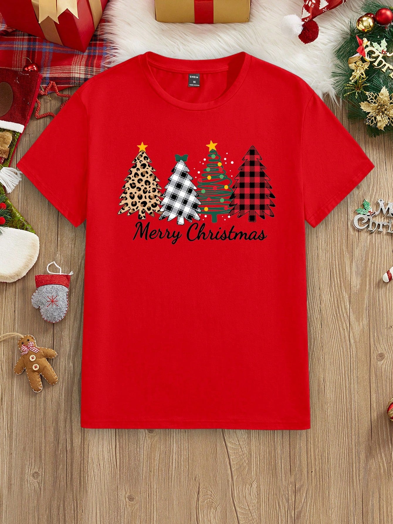 Manfinity Homme Fashionable Casual Christmas Tree Print Short Sleeve Tight Fit Crew Neck T-Shirt For Men