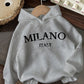 EZwear Casual Minimalist Milano Print Graphic White Hoodie Oversized Thermal Lined Warm Sweatshirt For Women, Suitable For Autumn/Winter