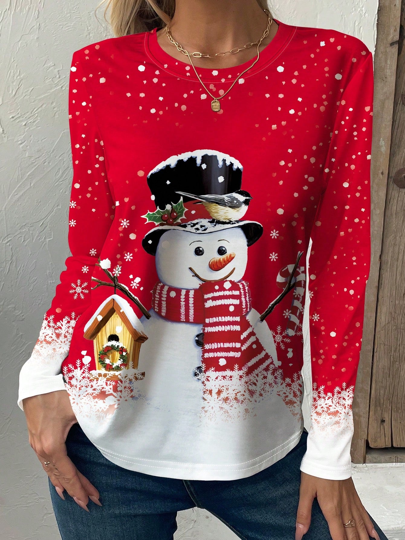 LUNE Christmas Snowman Print Slim Fit Casual Round Neck Long Sleeve T-Shirt, Suitable For Spring/Autumn