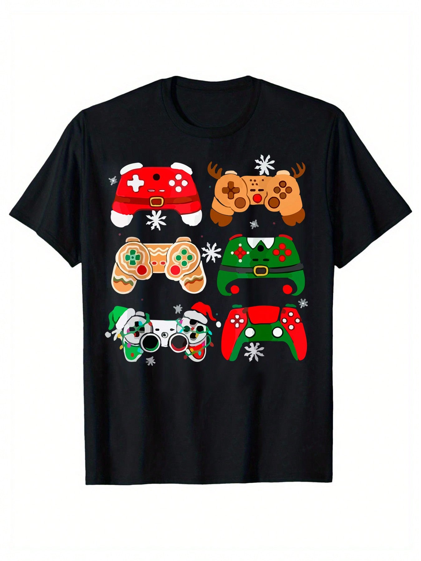 Christmas Cartoon Game Console Controller Printed Men's Cotton Short Sleeve T-Shirt 190gsm