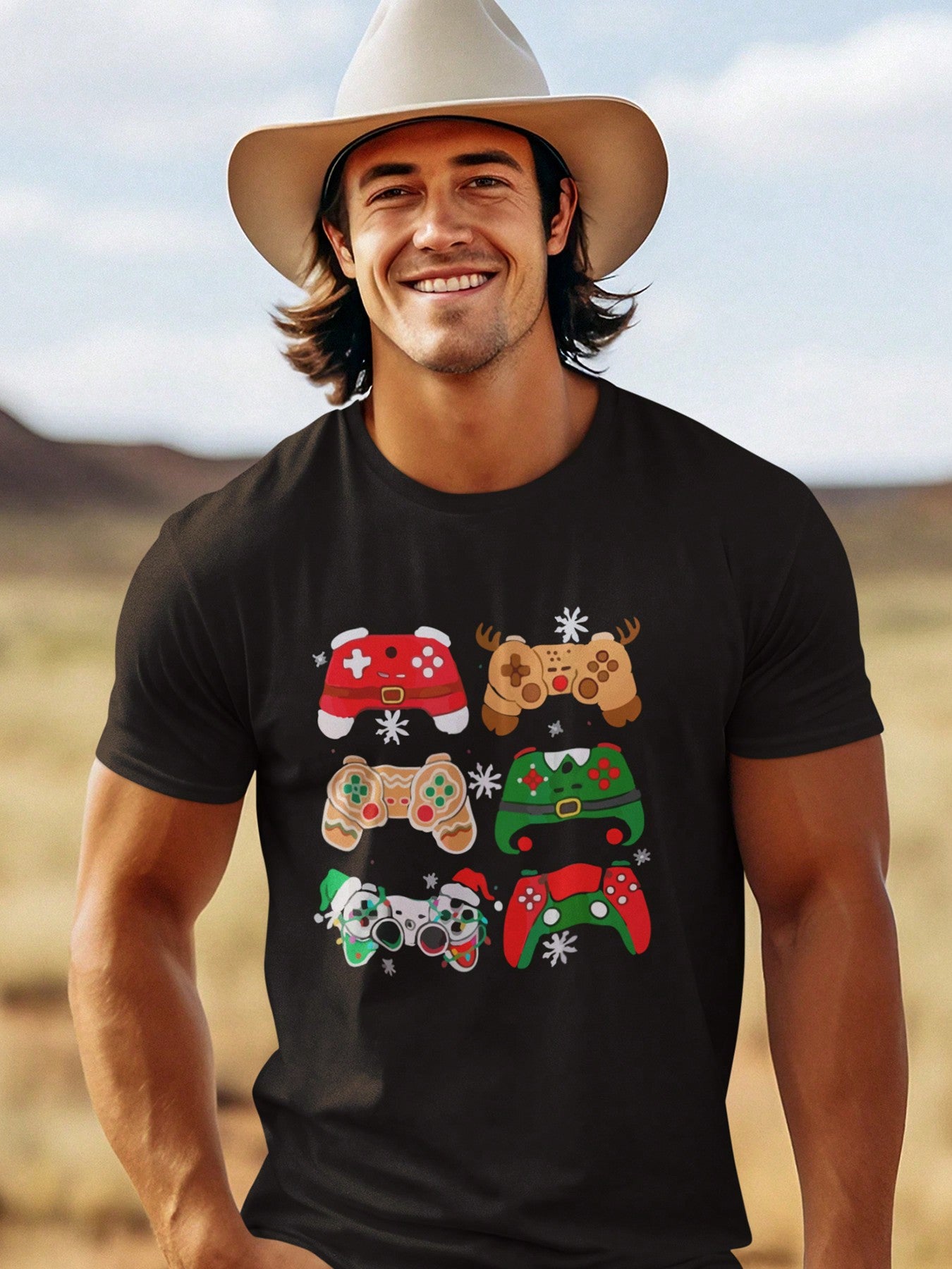 Christmas Cartoon Game Console Controller Printed Men's Cotton Short Sleeve T-Shirt 190gsm