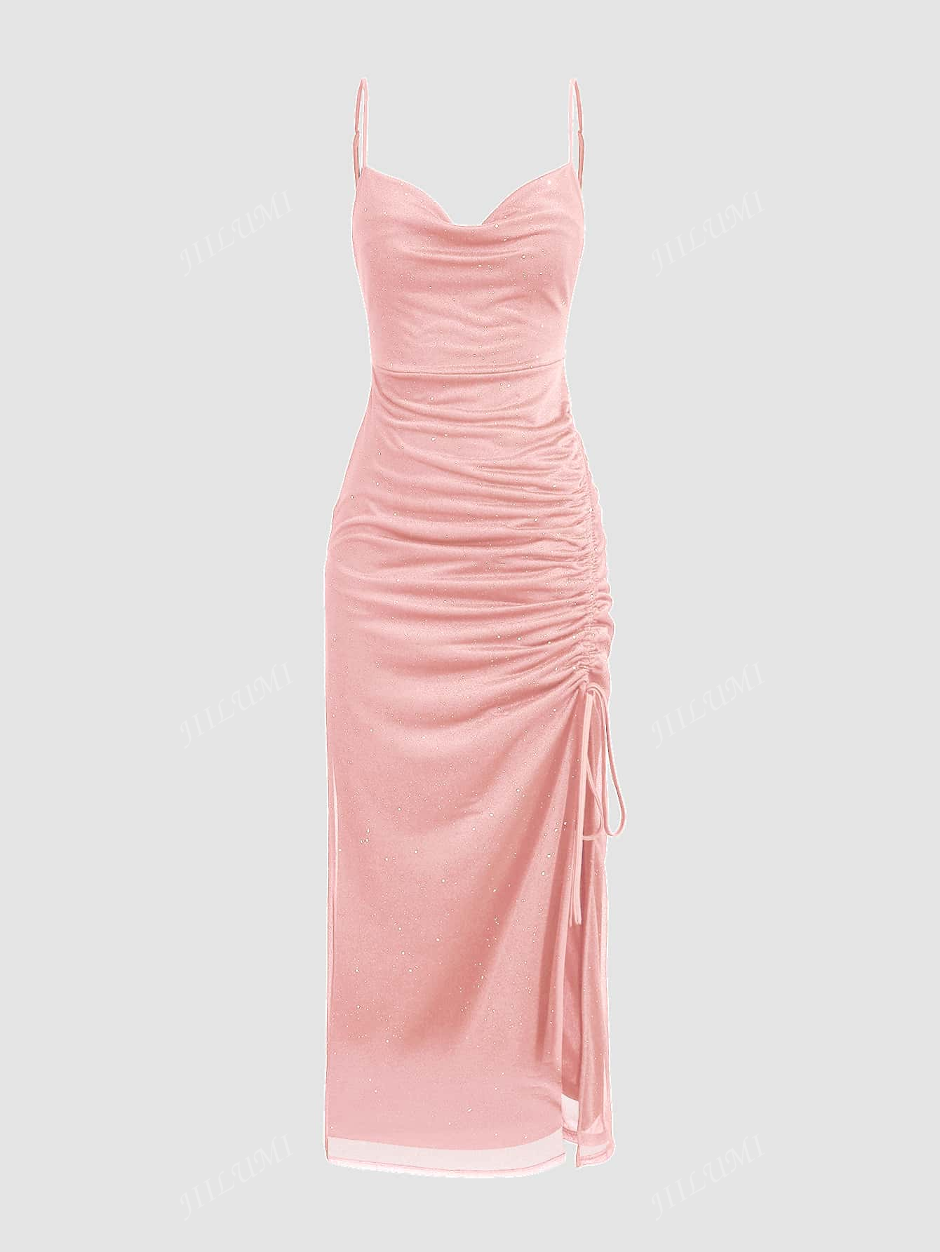 Women's Glittery Drawstring Slit Hem Ruffle Neck Spaghetti Strap Dress, Elegant Cocktail Semi Formal Prom Dress, For Birthday, Wedding Guest, Graduation, Dinner, Homecoming