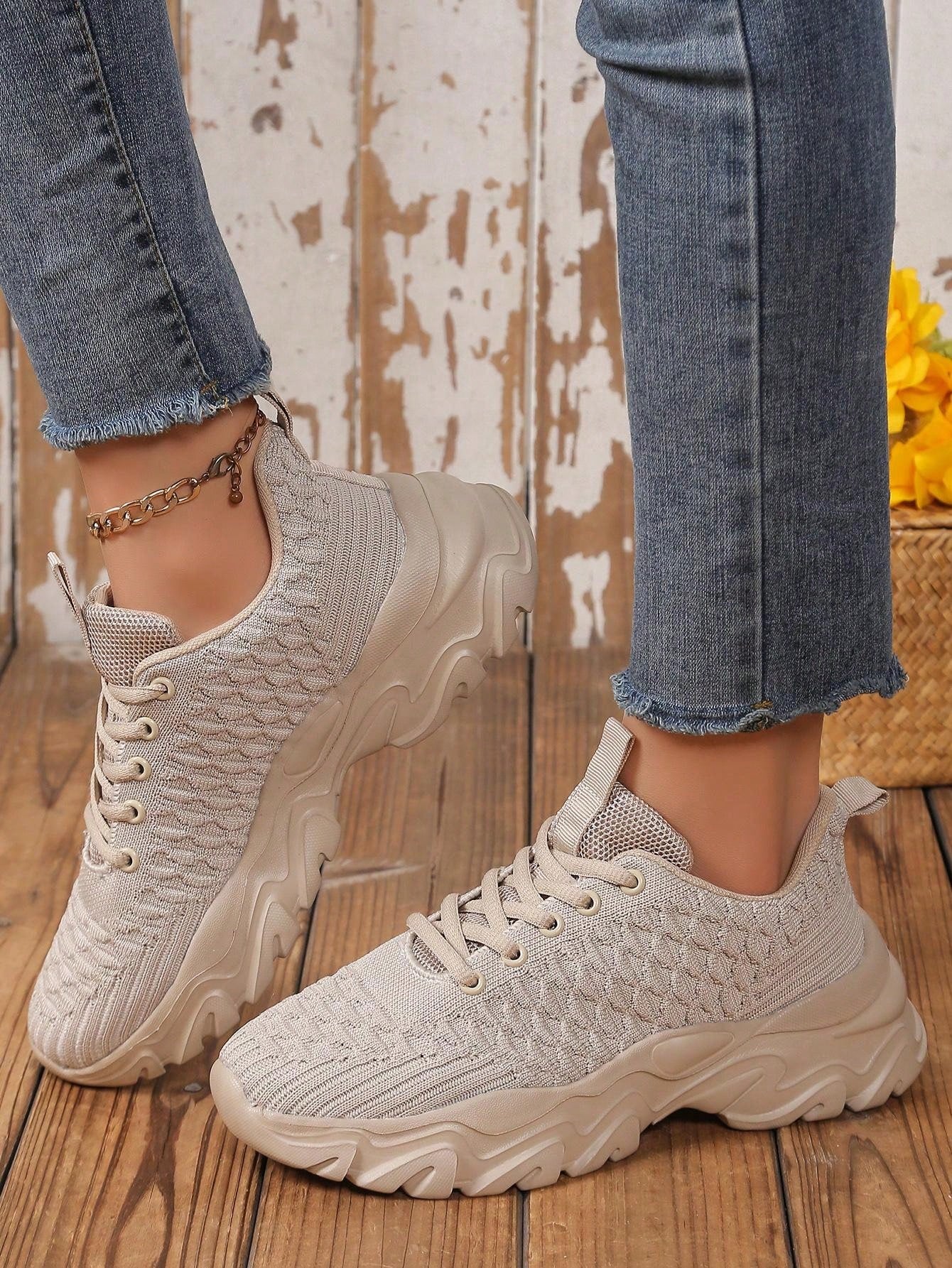 Women's Fashion Sneakers With Fish Scale Decor, Versatile Elevated Design, Lace-Up Fabric Running Shoes