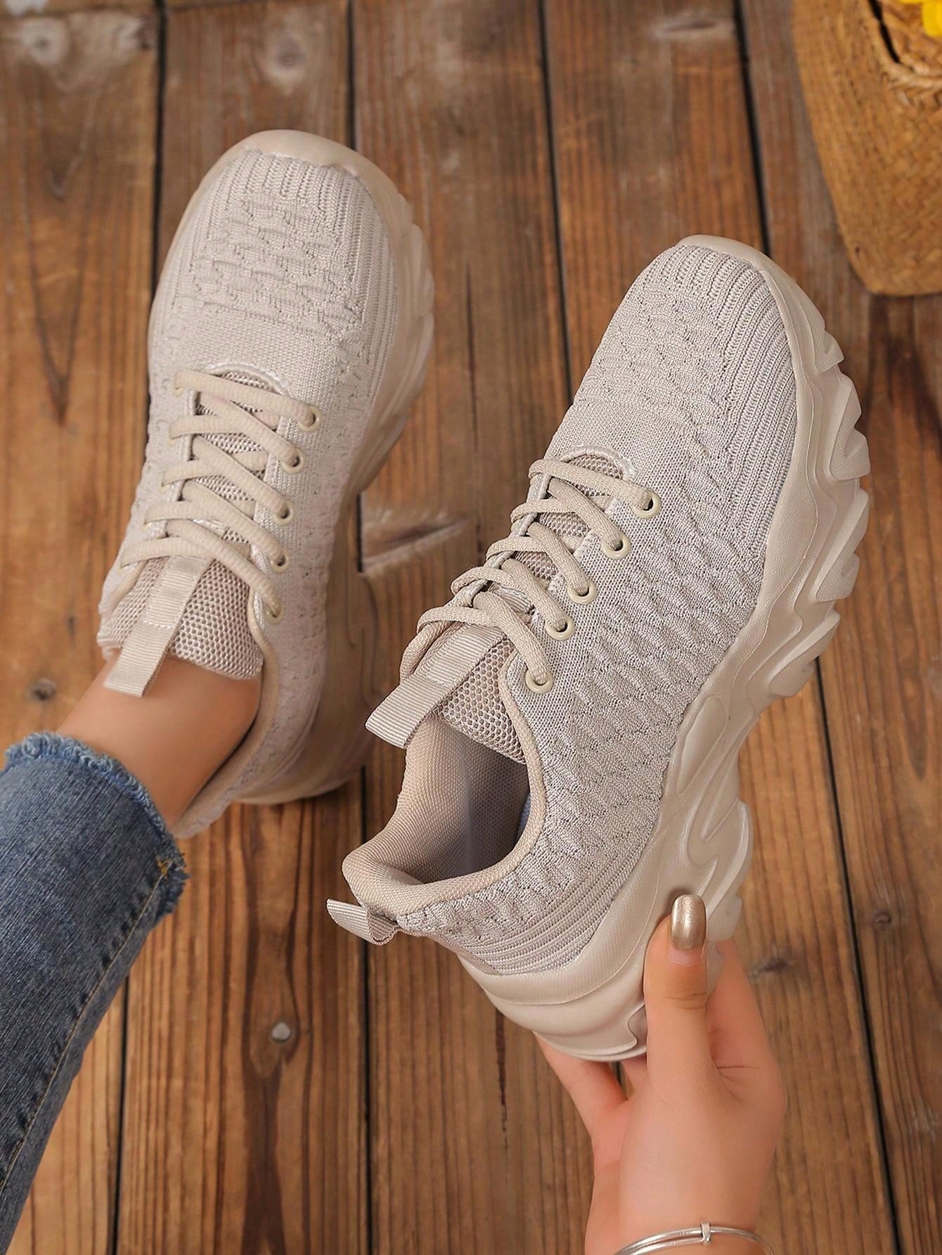 Women's Fashion Sneakers With Fish Scale Decor, Versatile Elevated Design, Lace-Up Fabric Running Shoes