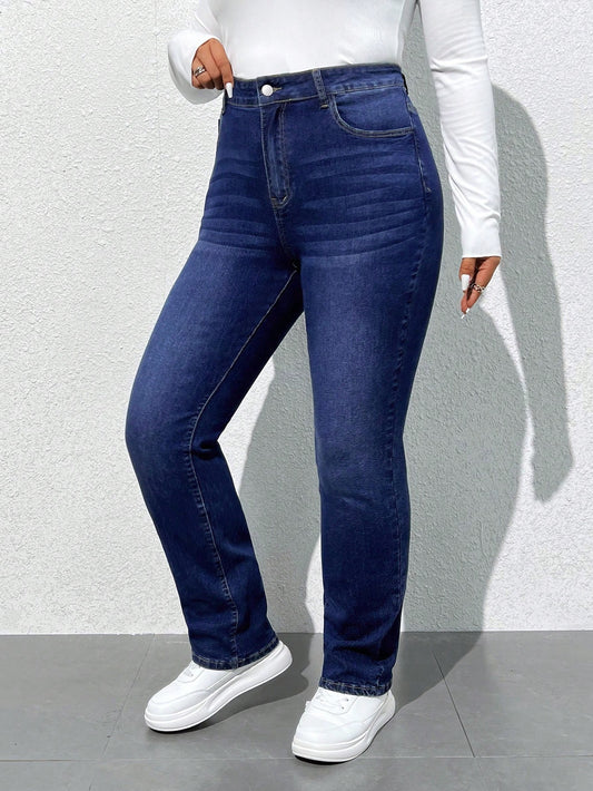 EZwear Plus Size High Waist Slim Fit Washed Denim Jeans