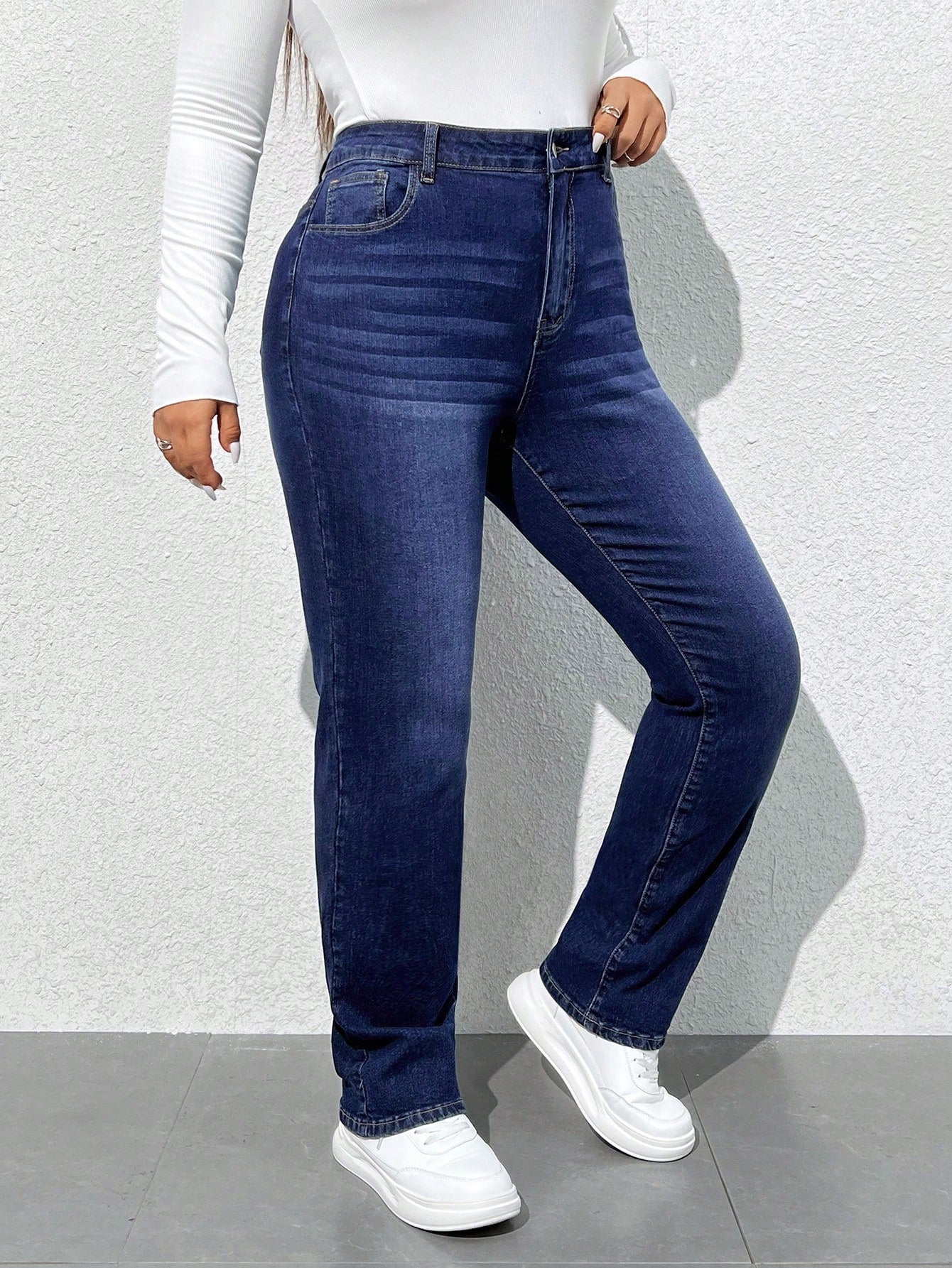 EZwear Plus Size High Waist Slim Fit Washed Denim Jeans