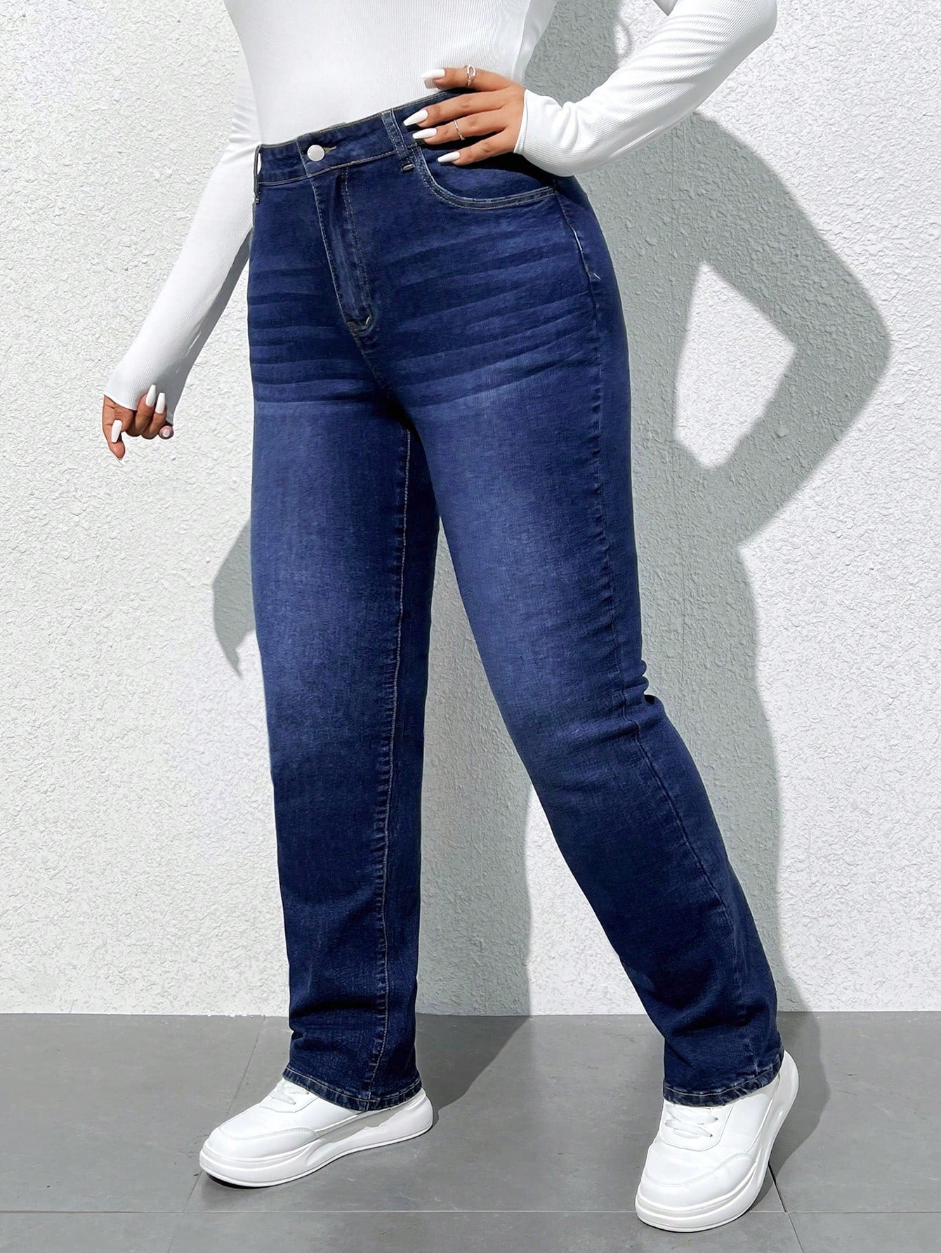 EZwear Plus Size High Waist Slim Fit Washed Denim Jeans