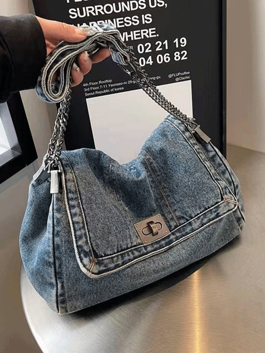 Winter New Fashion Classic Joker Solid Color Retro Wash Jeans Material Metal Chain Shoulder Bag Quilted Embroidery Thread Decoration Design Large-Capacity Shoulder Bag Suitable For Shopping And Outing.