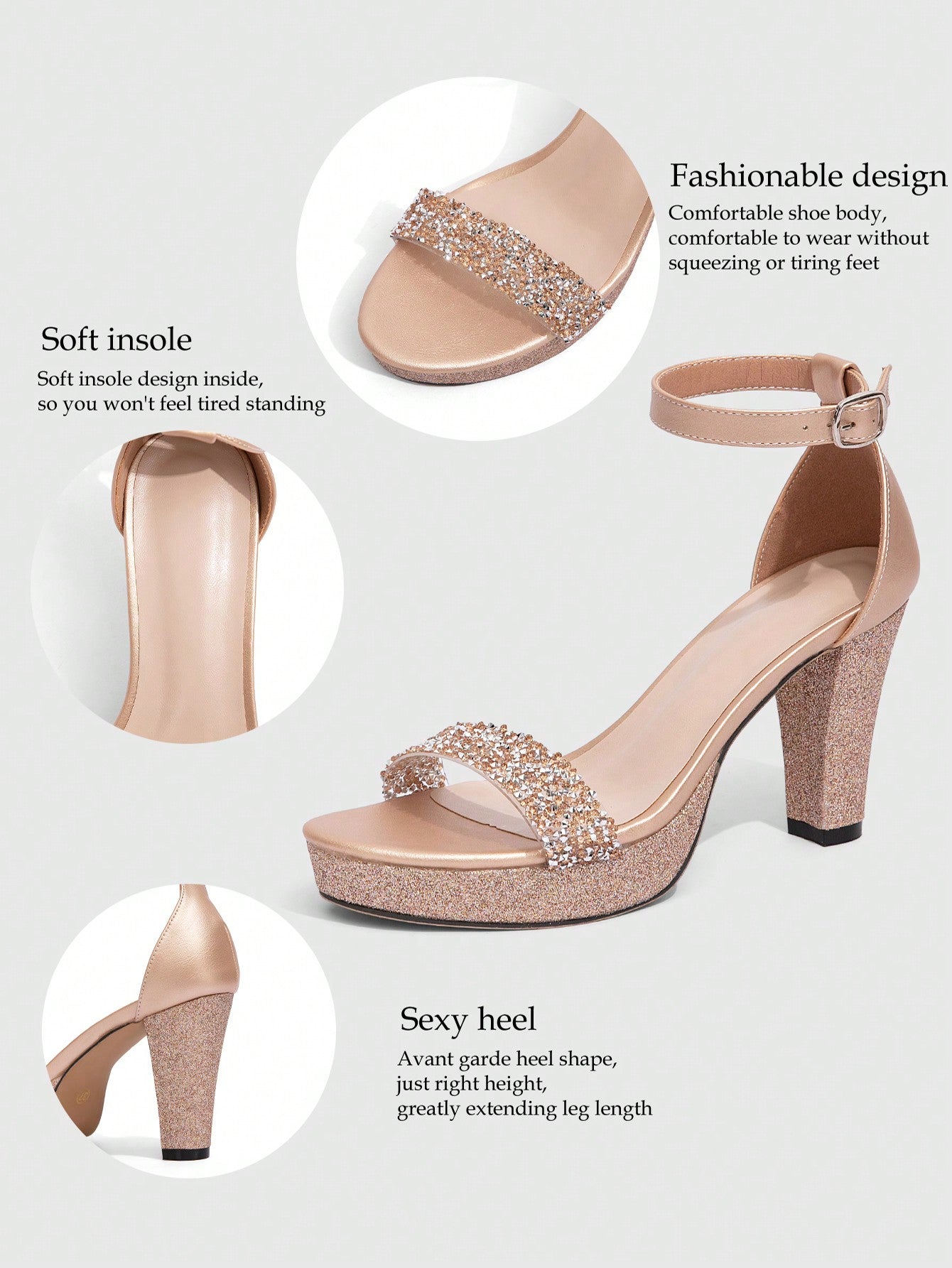 Women High Heel Wedge Sandals, Fashionable Glitter Open Toe Ankle Strap Chunky Heeled Platform Sandals, Charming Party Shoes